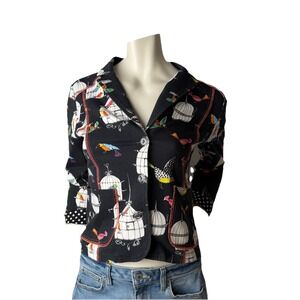 Zoe Bird Print Blazer Black Whimsical Polka Dot Cuffs Artsy M